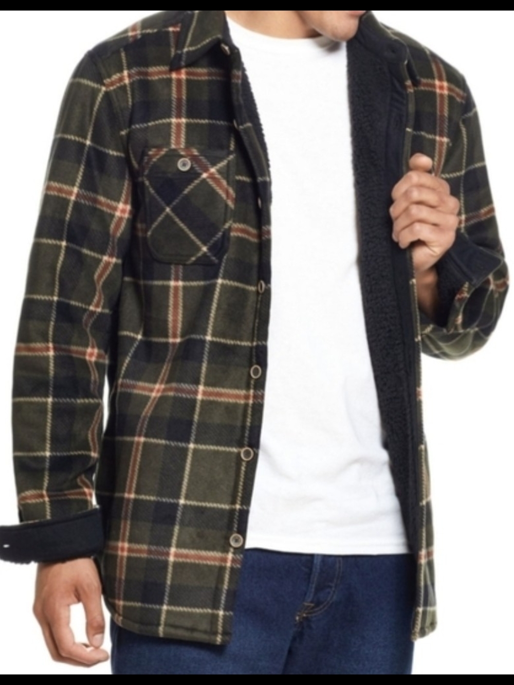 Mens Weatherproof Green Plaid Polar Fleece Button Jacket Sherpa Lined Size L